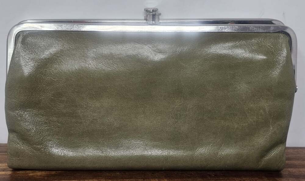 HOBO International Lauren Leather Double Frame Wallet Clutch Womens Moss Green